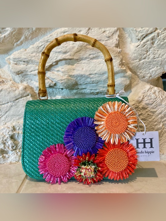 Haute Hippie Handbags - NWT Haute Hippie Green Straw Top-Handle Tote with Multicolor Floral Accents
